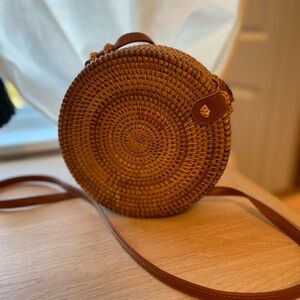 Brown Woven Round Crossbody Bag